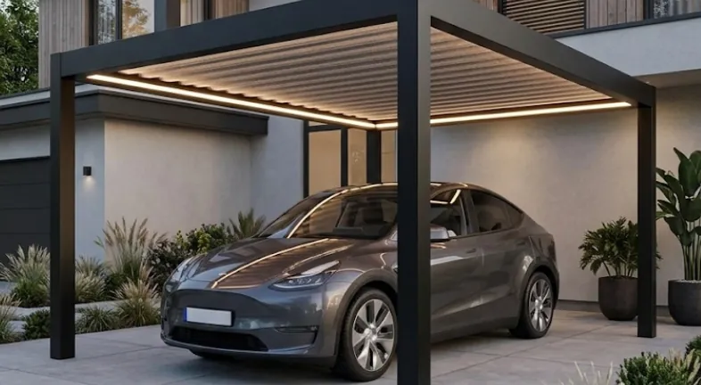 Carport Deponti Pinela Delight z oświetleniem przy nowoczesnym domu